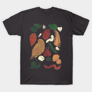 Garden Themed Print Pattern, Birds Bugs and Vegtables T-Shirt